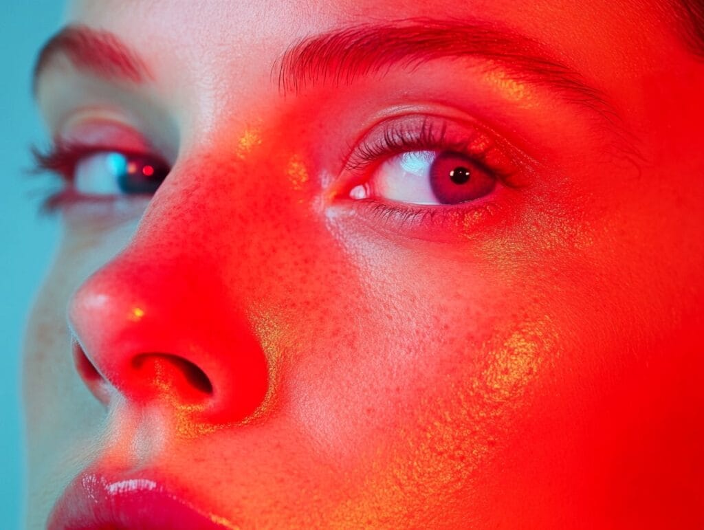 a close up of a woman's face on red light therapy