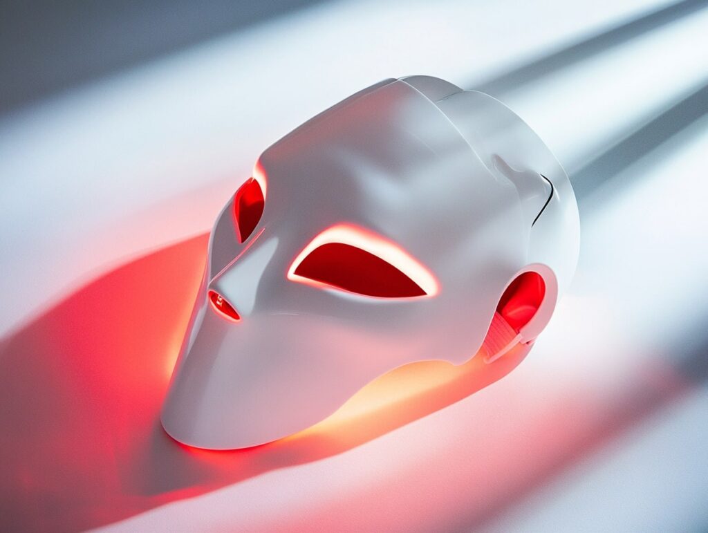 a white mask with red light